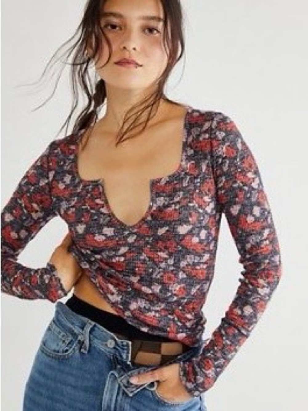 Free People Floral Scoop V-Notch Long Sleeve Top